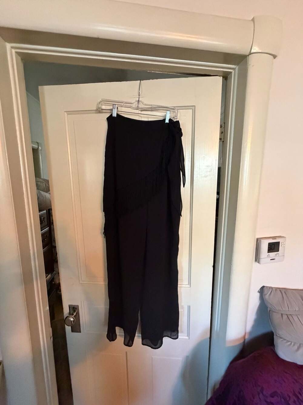 Dawn Joy Evening Black Wide-Leg Pants with Fringed Wrap Overlay